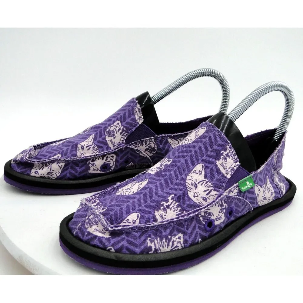 Sanuk Dona Lil Icon Slip On Loafers Shoes Purple Kitty Cat Kids Size Girls 5*NWT